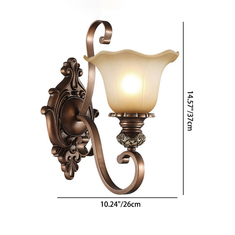 Traditionelle rustikale Milchglas-Blumenschirm-Eisen-Harz-1/2-Licht-Wandleuchter-Lampe für Schlafzimmer 