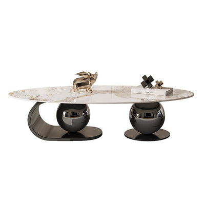 Table basse contemporaine nordique elliptique ronde en pierre de roche en acier inoxydable pour salon 