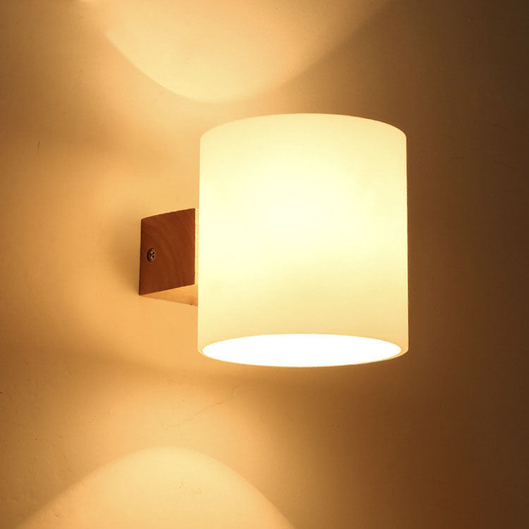 Modern Warm Cylindrical Rubber Wood Glass 1/2 Light Wall Sconce Lamp