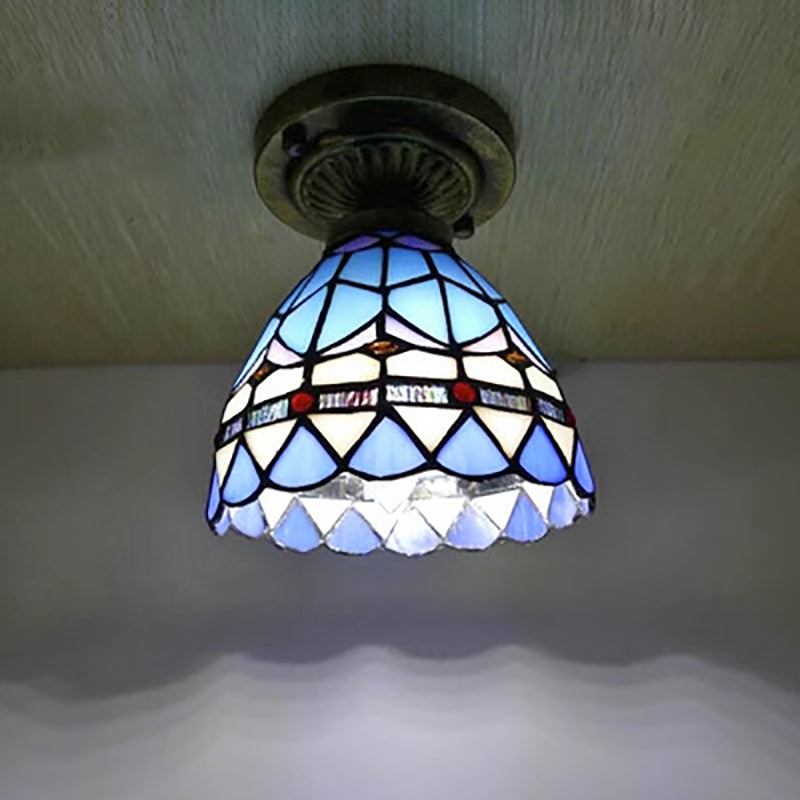 Lámpara de Techo Semi-empotrada de 1 Luz de Cristal de Hierro con Cúpula Tradicional Tiffany para Sala de Estar 