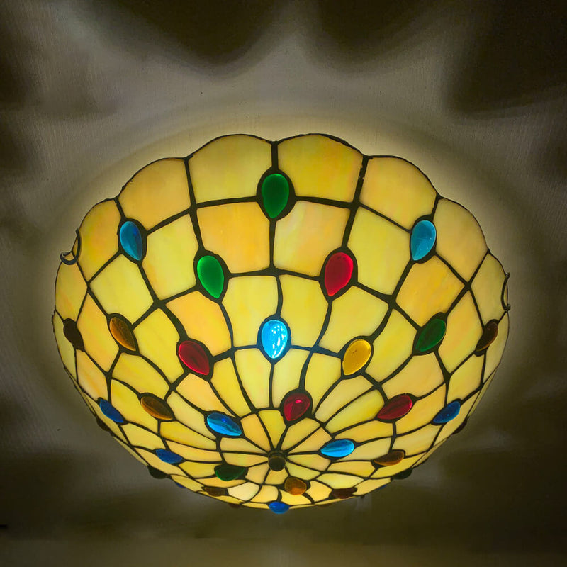 Lámpara de Techo Empotrada de Vidrio Tiffany Tradicional con Abalorios Redondos de Concha y 2 Luces para el Pasillo 