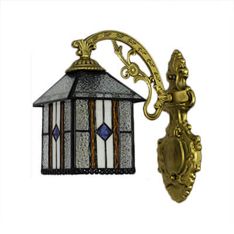Traditional Tiffany Square House Iron Stained Glass 1-Light Wall Sconce Lamp For Living Room