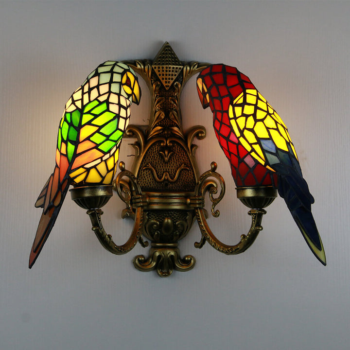 Tiffany Pastoral Doppelköpfige Papagei Buntglas 2-Licht Wandleuchte 