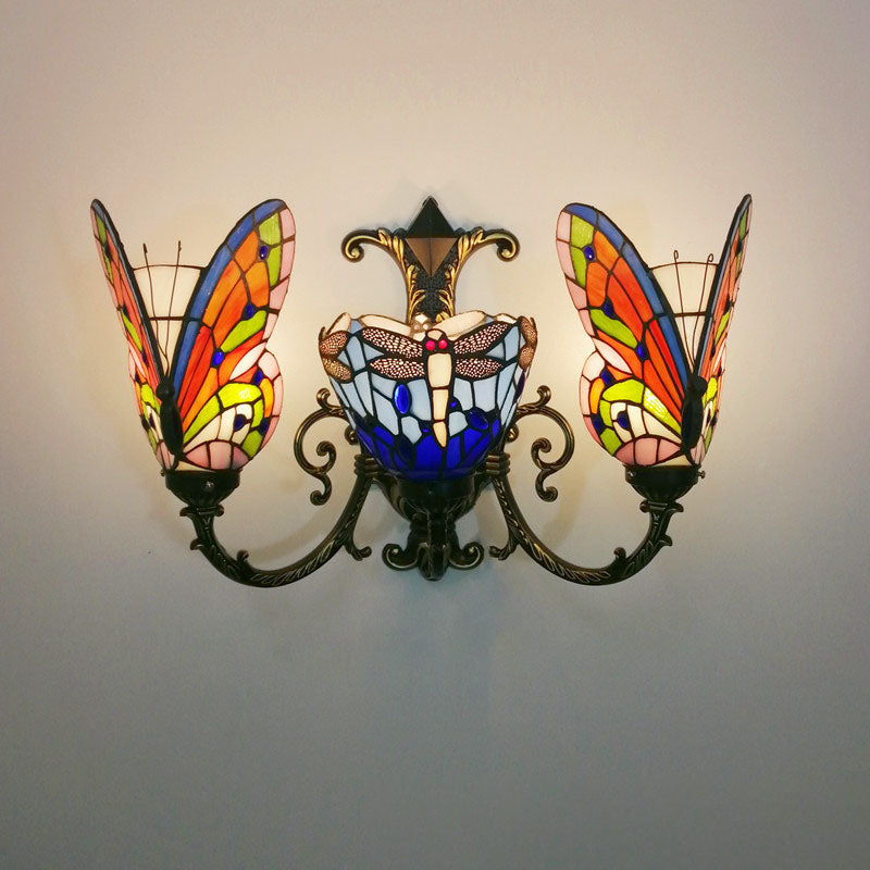 Traditional Tiffany European Butterfly Alloy Iron Glass 3-Light Wall Sconce Lamp For Hallway