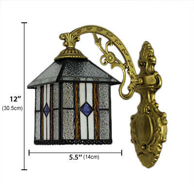 Traditional Tiffany Square House Iron Stained Glass 1-Light Wall Sconce Lamp For Living Room