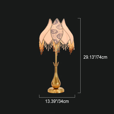 Traditionelle französische Tischlampe in Lotusform mit 1 Licht und Stoffquaste aus antikem Messing für das Home Office 