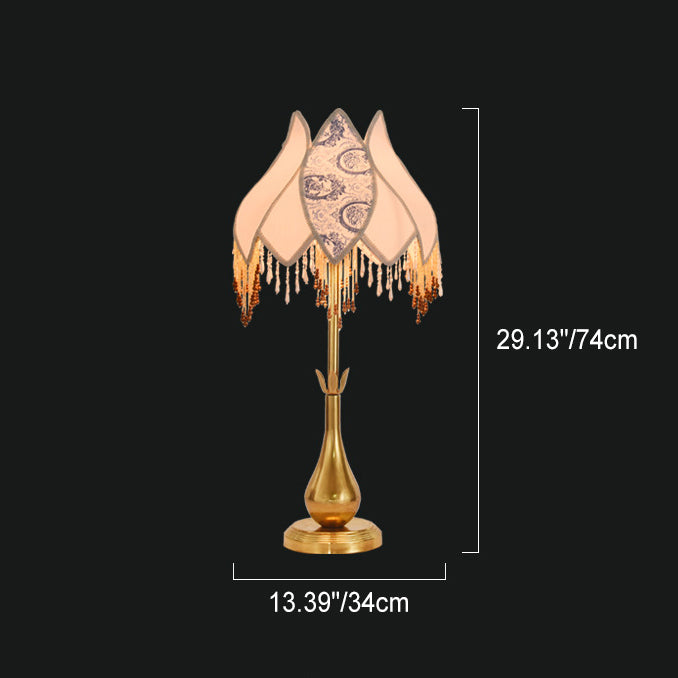 Traditionelle französische Tischlampe in Lotusform mit 1 Licht und Stoffquaste aus antikem Messing für das Home Office 