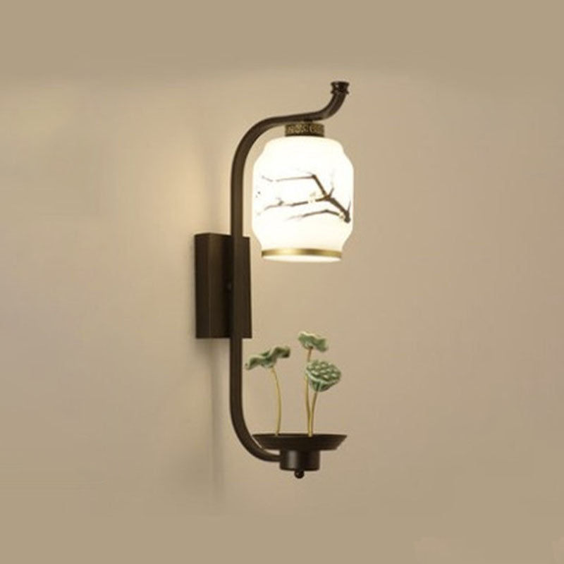 伝統的な中国の鉄ガラスセラミックシリンダーロータス1ライト壁取り付けランプ、廊下用 