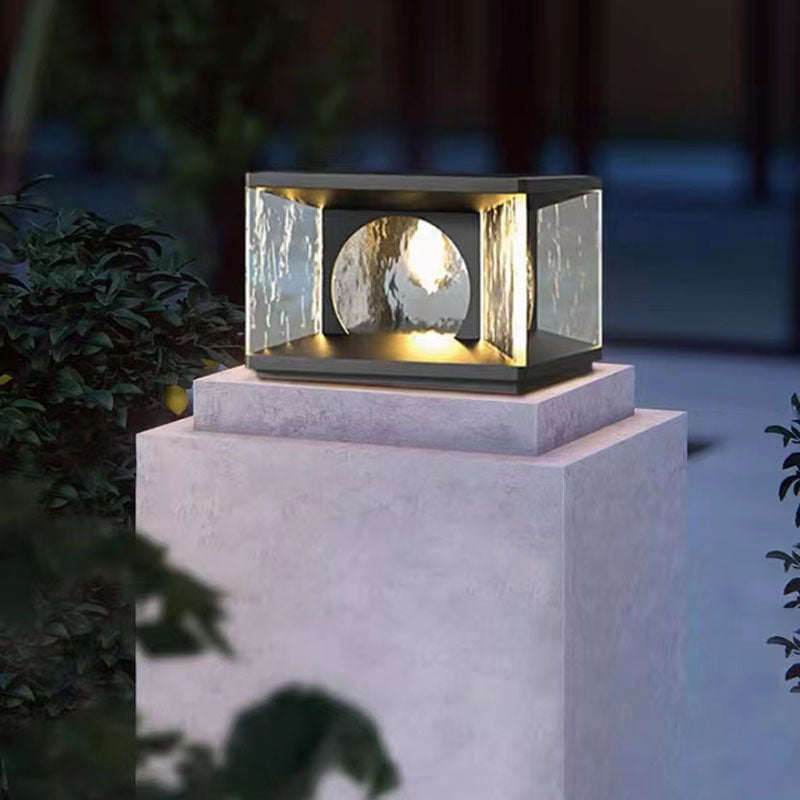 Moderno Minimalista Solar Impermeable Rectángulo Acero Inoxidable Vidrio LED Poste Luz de Cabeza Para Patio Exterior 