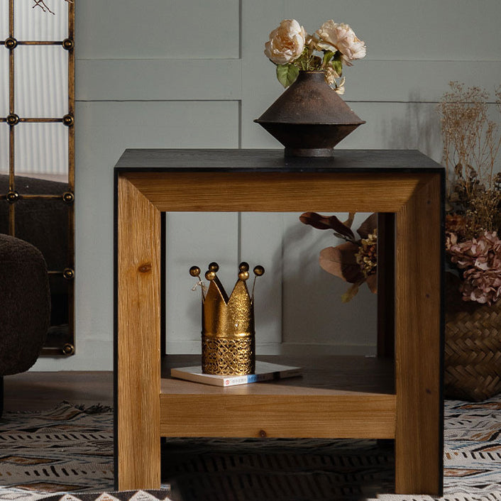 Table d'appoint carrée vintage traditionnelle en bois massif avec placage MDF, 1 étagère pour le salon 