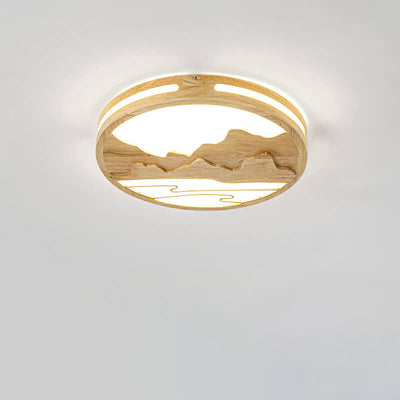 Modern Chinese Wooden Round Mountain Design LED Flush Mount Ceiling Light