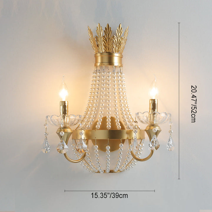 Lámpara de Aplique de Pared de 2 Luces de Cristal de Perlas y Hierro con Flecos en Media Luna de Lujo Moderno para Dormitorio 