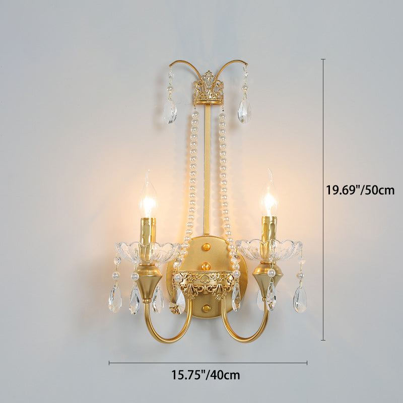Zeitgenössische Luxus Eisen Kristall Perle Teardrop Anhänger Kerzenhalter 2-Licht Wandleuchte Lampe für Wohnzimmer 