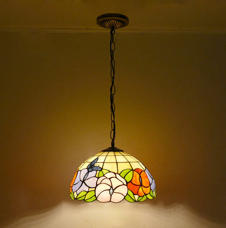 Traditional Tiffany Round Dome Iron Glass 1-Light Pendant Light For Living Room