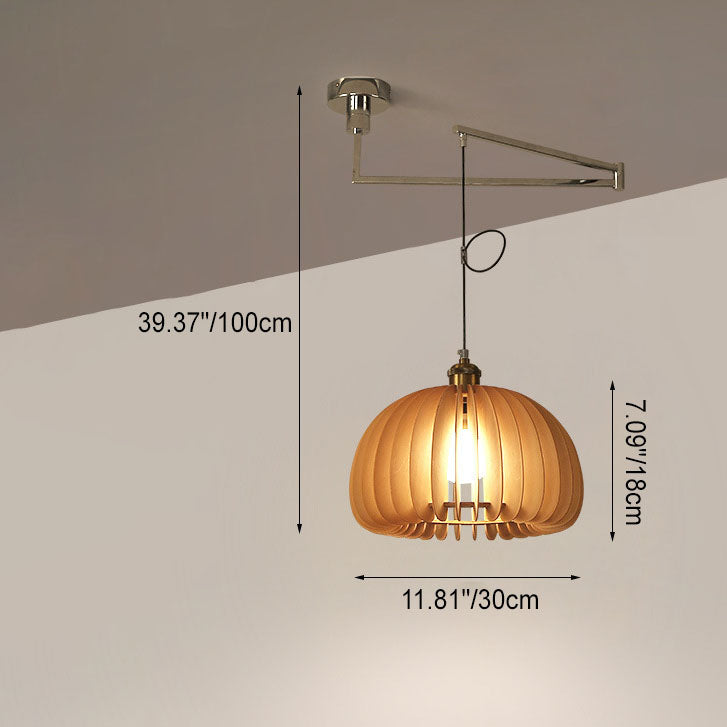 Traditional Vintage Wooden Pumpkin Shade Rocker Arm Telescopic 1-Light Pendant Light For Dining Room