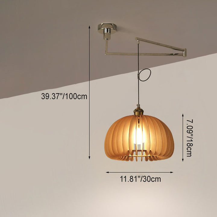Traditional Vintage Wooden Pumpkin Shade Rocker Arm Telescopic 1-Light Pendant Light For Dining Room