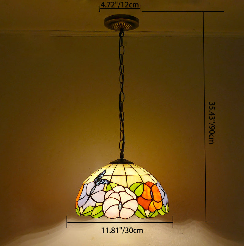 Traditional Tiffany Round Dome Iron Glass 1-Light Pendant Light For Living Room