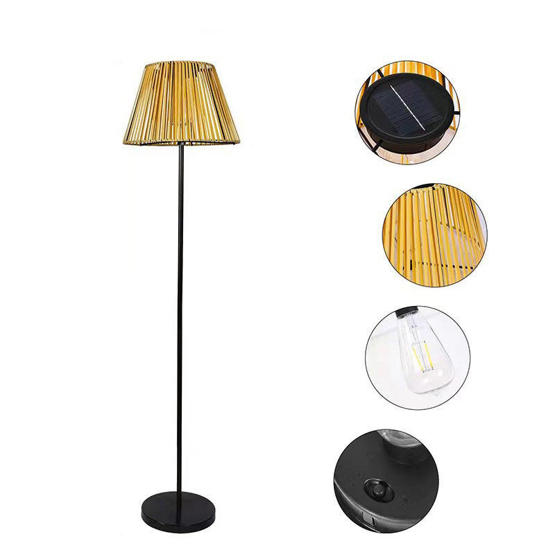 مصباح أرضي LED قائم من الخيزران المنسوج يدويًا بتصميم تقليدي مقاوم للماء يعمل بالطاقة الشمسية على شكل شبه منحرف للحديقة 