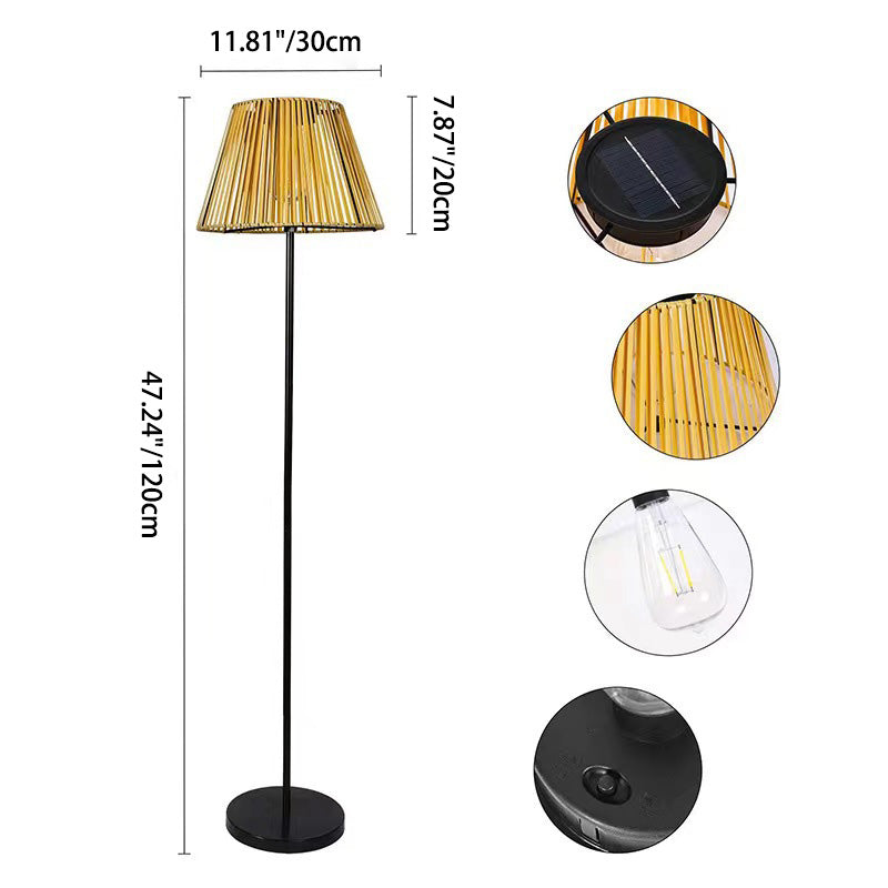 مصباح أرضي LED قائم من الخيزران المنسوج يدويًا بتصميم تقليدي مقاوم للماء يعمل بالطاقة الشمسية على شكل شبه منحرف للحديقة 