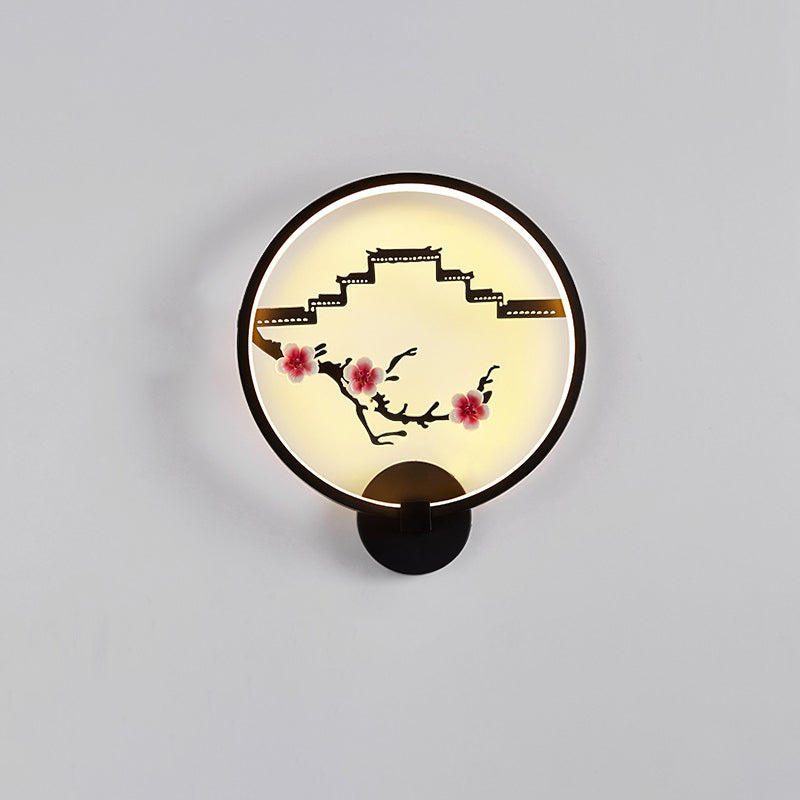 Traditionelle chinesische runde Pflaumenblüte Lotusblatt Aluminium Acryl LED Wandleuchte Lampe für Wohnzimmer 