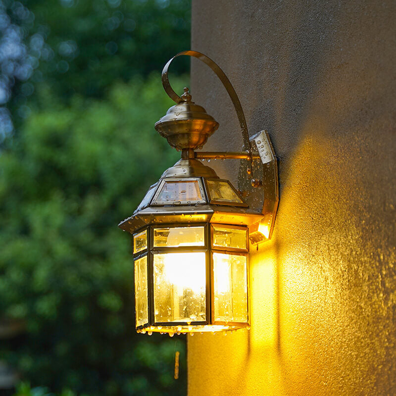 Traditional European Outdoor Hexagonal Cage Glass Copper 1-Light Waterproof Wall Sconce Lamp For Outdoor