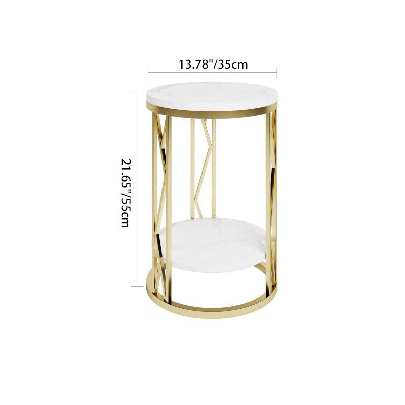 Mesa de Centro Moderna de Lujo Redonda con Tapa de Hierro y Estante de Roca para Sala de Estar 