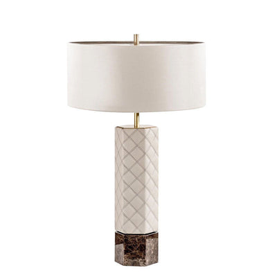Moderne 1-flammige Tischlampe aus der Mitte des Jahrhunderts mit zylindrischer, runder, sechseckiger Säule aus Leder, Stoff und Metall 