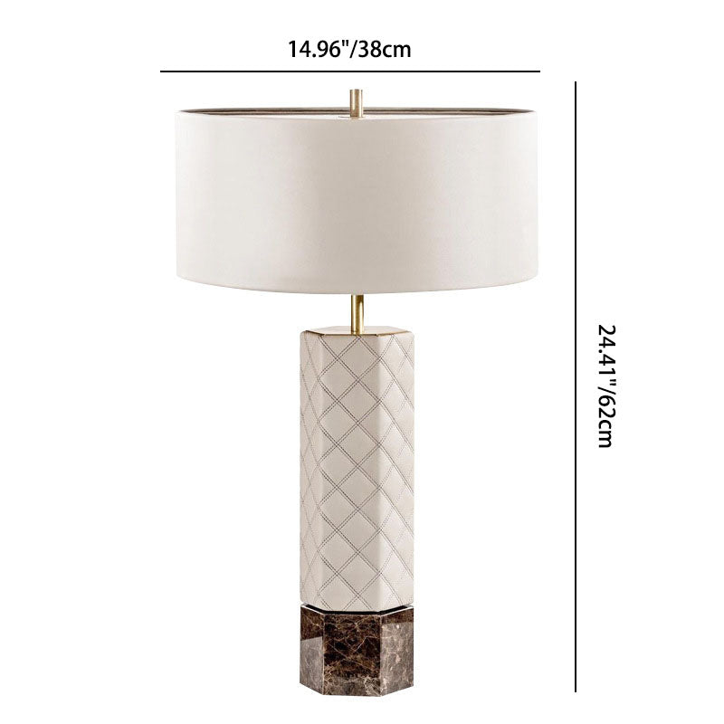 Moderne 1-flammige Tischlampe aus der Mitte des Jahrhunderts mit zylindrischer, runder, sechseckiger Säule aus Leder, Stoff und Metall 