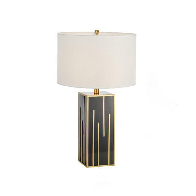 Modern Mid-Century Fabric Drum Square Column Hardware 1-Light Table Lamp For Study