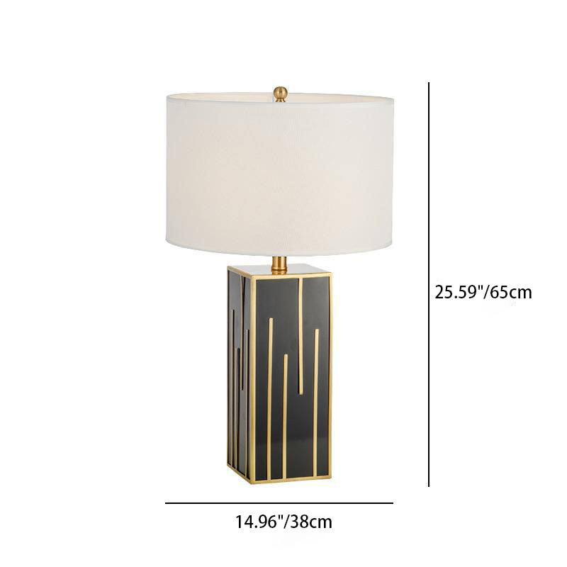 Modern Mid-Century Fabric Drum Square Column Hardware 1-Light Table Lamp For Study