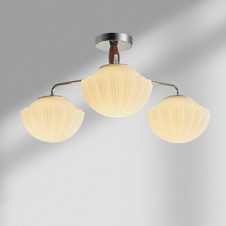 Traditionelle französische Schüssel geripptes Eisen Holz Glas 3/5/8 Licht Halbbündige Deckenleuchte für Wohnzimmer 