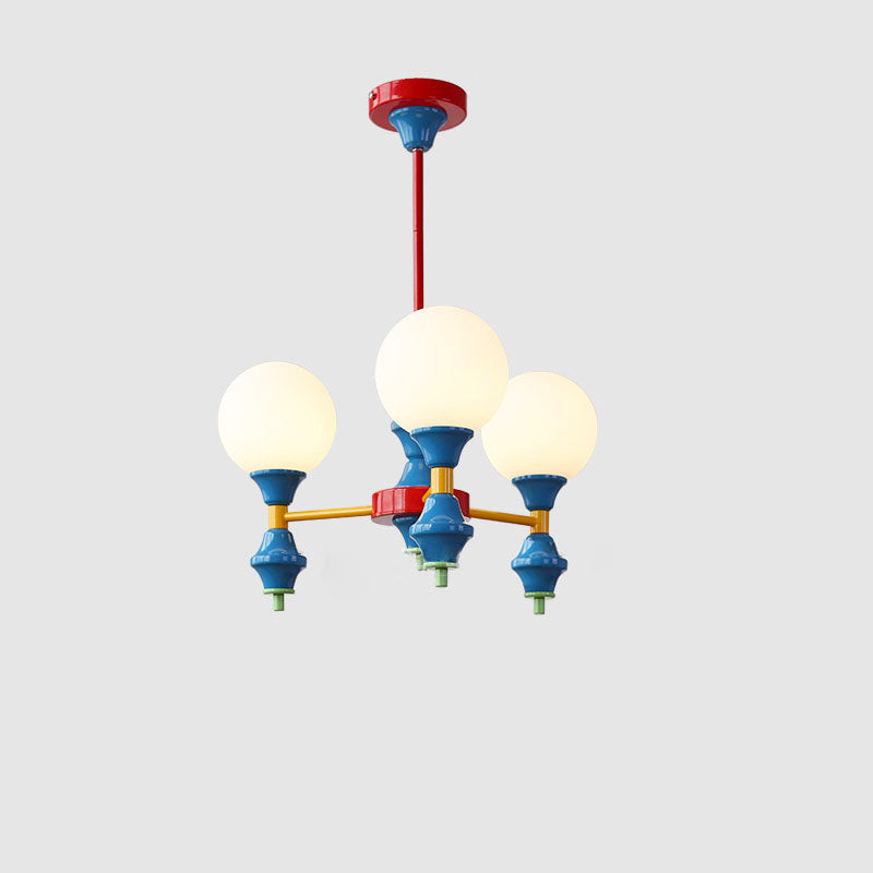 Zeitgenössischer nordischer Kronleuchter mit Eisenrahmen und Glaskugelschirm, 3/5 Lichter, für Wohnzimmer 