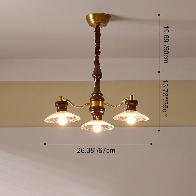 Lustres ronds en laiton vintage traditionnel, fer, bois de frêne, verre, à 3/6/8 lumières pour salle à manger 
