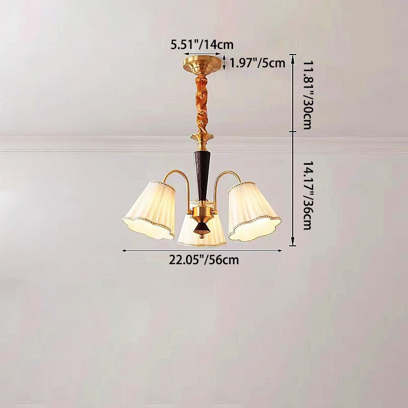 Traditioneller französischer Blumenzweig-Stoff-Walnuss-Messing-Kronleuchter mit 3/6 Lichtern für Schlafzimmer 