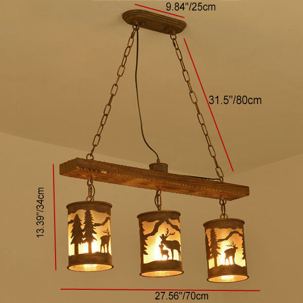 Industrial Retro Creative Long Strip Wood Cylinder Lampshade 3/5-Light Chandelier