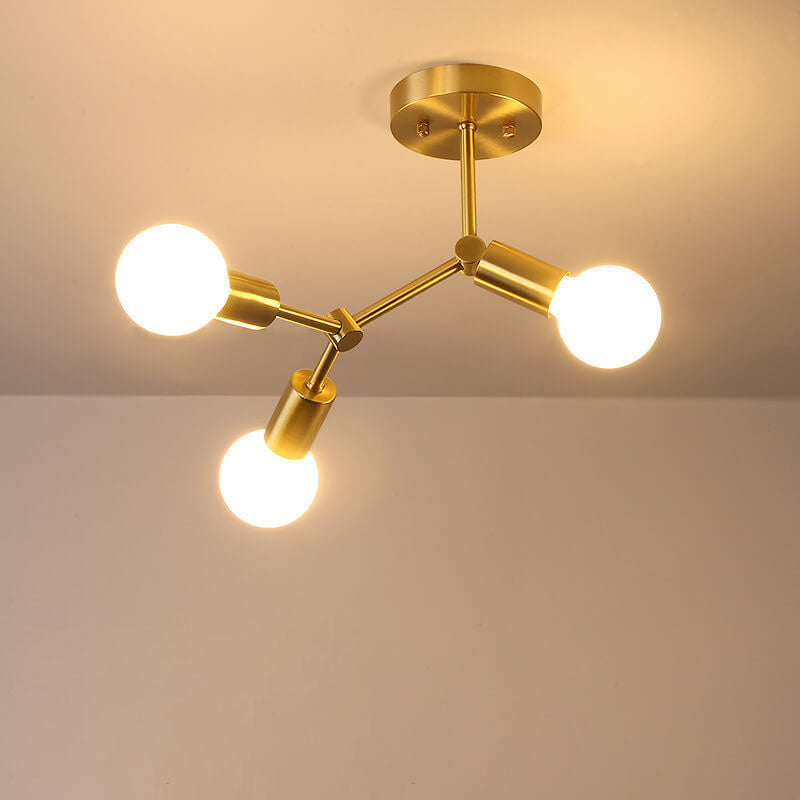 Contemporary Industrial Exposed Bulb Copper Branch 3/4 Light Semi-Flush Mount Ceiling Light For Living Room