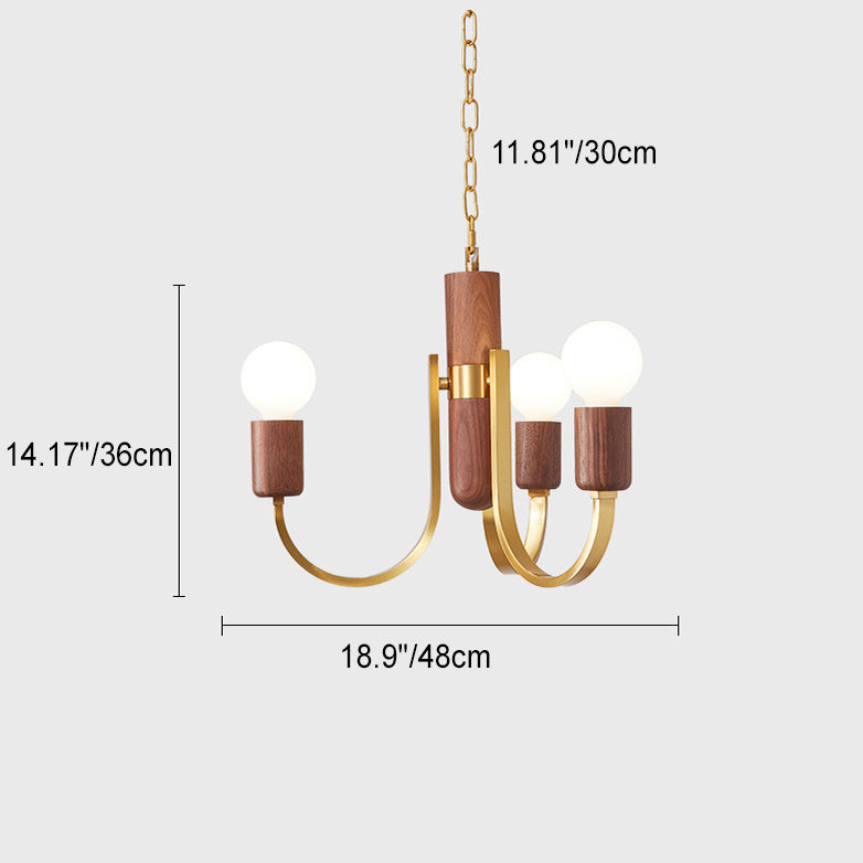 Zeitgenössischer Vintage-Kronleuchter mit gebogener Stange, Zylinder, Kerzenständer-Form, Kupfer, Holz, 3/4/5 Lichter, für Wohnzimmer 