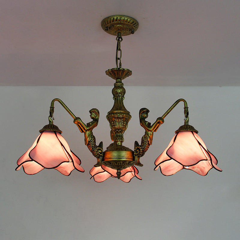 Araña de hierro con vidrio floral tradicional Tiffany de 3/5 luces para sala de estar 