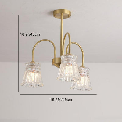 Zeitgenössische Retro gebogene Stange Blume Tasse Kupfer Glas 3/5/6 Licht Kronleuchter für Wohnzimmer 