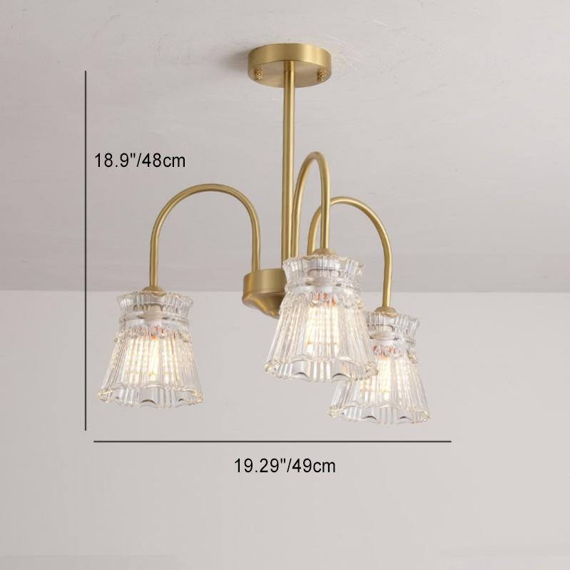 Zeitgenössische Retro gebogene Stange Blume Tasse Kupfer Glas 3/5/6 Licht Kronleuchter für Wohnzimmer 