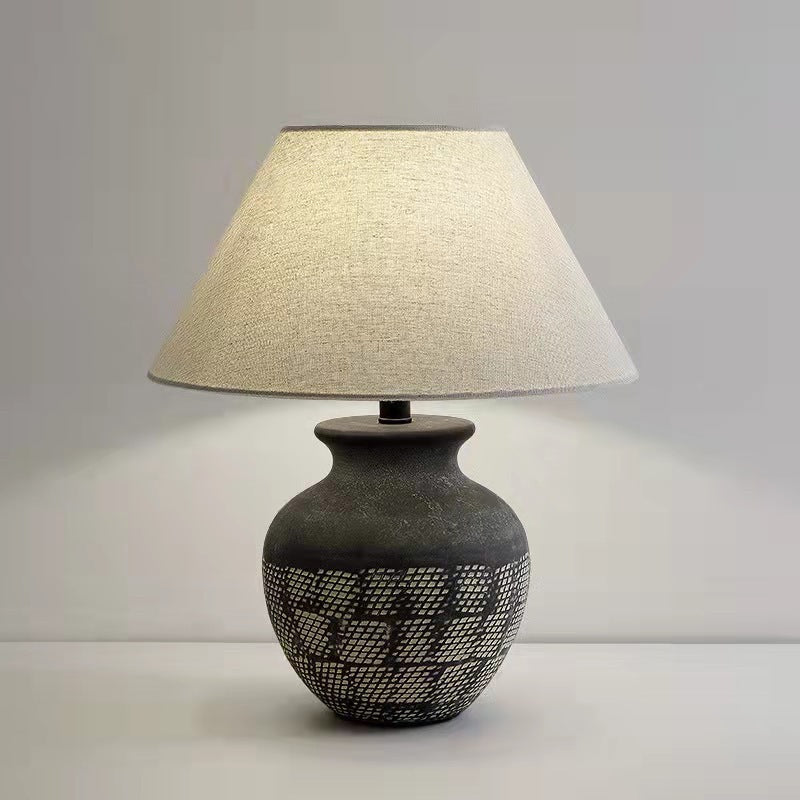 Traditional Japanese Cone Fabric Round Ceramic Jar Base 1-Light Table Lamp For Bedroom