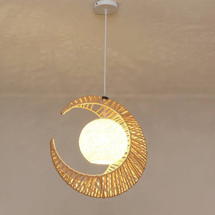 Contemporary Creative Crescent Moon Hemp Rope Weaving Shade 1-Light Pendant Light For Living Room