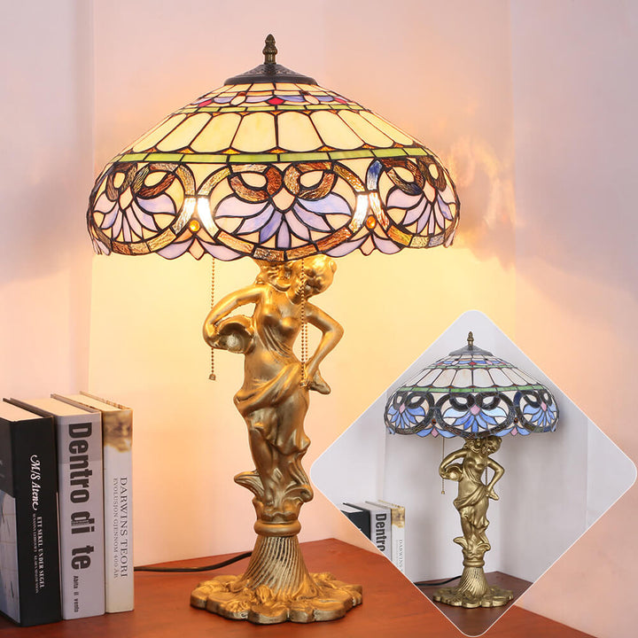 Vintage Tiffany Pfirsich Herz Barock Buntglas 2/3-Licht Tischlampe 