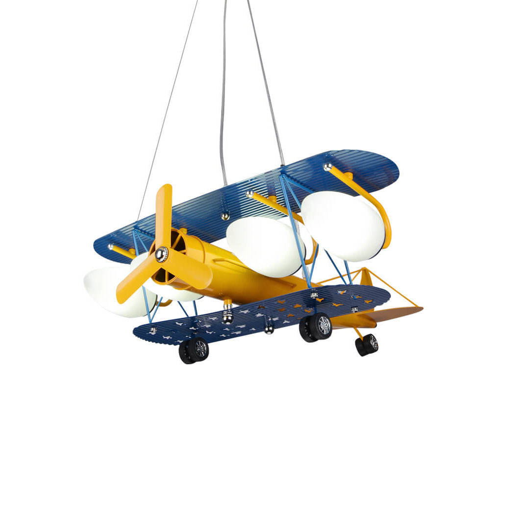 Contemporary Creative Cartoon Iron Aircraft Glass Shade 5-Light Kids Chandelier For Bedroom
