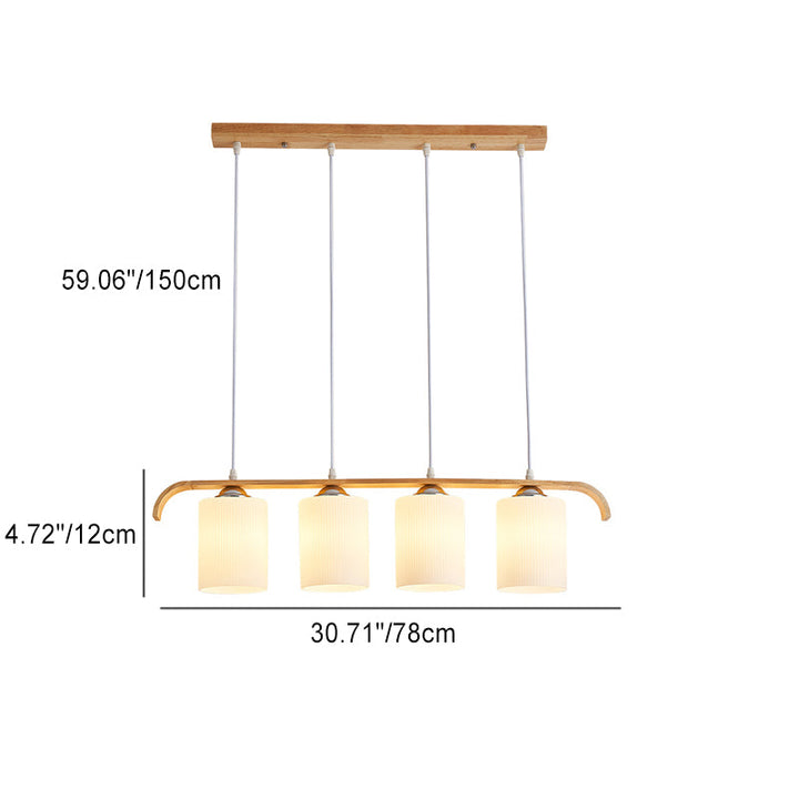 Zeitgenössischer skandinavischer langer Zylinder aus Glas und Holz mit 4 Lichtern, Inselleuchter für Wohnzimmer 