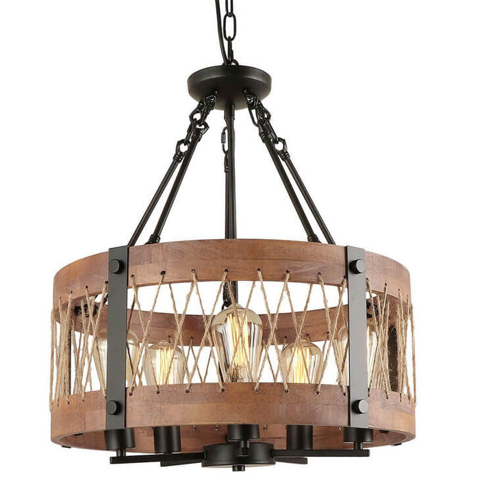 Moderner industrieller 5-flammiger Kronleuchter aus Massivholz, Glas, Eisen, Trommelglas und Kordel für das Esszimmer 
