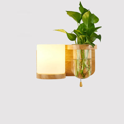 Moderne minimalistische rechteckige Zylinder Orb Glas Holz 1-Licht Wandleuchte Lampe für Wohnzimmer 