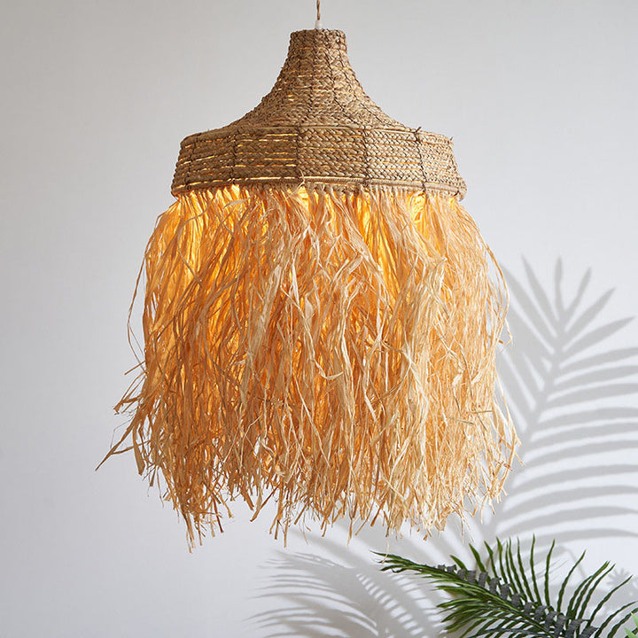 Contemporary Boho Straw Hat Tassel 1-Light Pendant Light For Dining Room