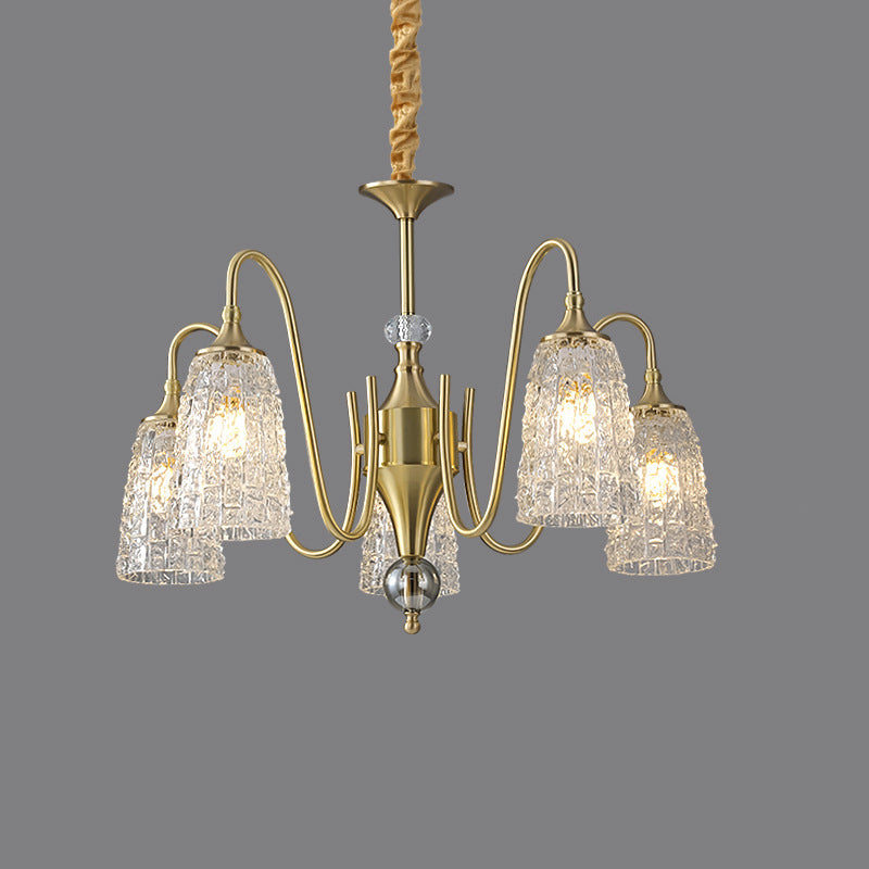 Chandelier traditionnel français à cadre entièrement en cuivre avec abat-jour en verre ondulé 5/6/8/10 lumières pour salon 