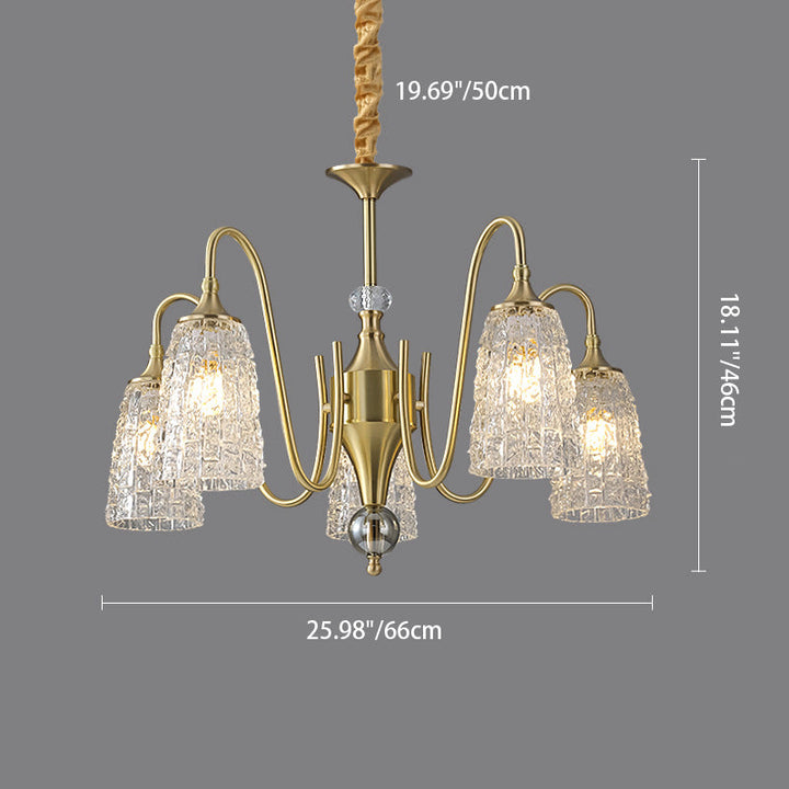 Chandelier traditionnel français à cadre entièrement en cuivre avec abat-jour en verre ondulé 5/6/8/10 lumières pour salon 